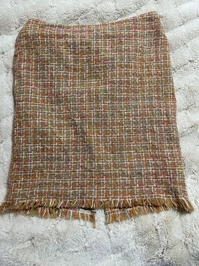 Textured Brown Multi Tweed Pencil Skirt with Fringe
